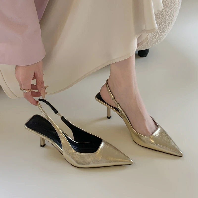 

LAKESHI Elegant Low Heeled Sandals Women Kitten Heels Spring Summer Gold Pumps Pointed Toe Wedding Office Ladies Shoes Slingback