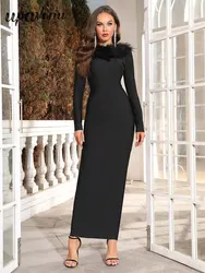 2024 Elegant Women's Feather Maxi Dress O-neck Long sleeved Bodycon Off Back Lace up Long Bandage Dresses Evening Party Vestidos