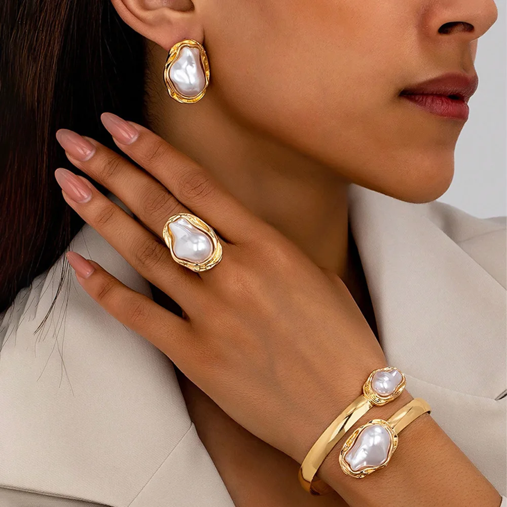 

Vintage pearl ring and earring set, unique irregular-shaped pearl jewelry, adjustable, a love anniversary gift for her.