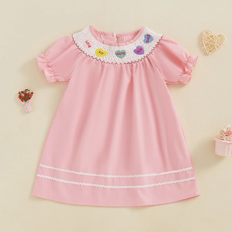 FOCUSNORM 4-7Y Little Kids Girls Valentines Days Summer Dress Heart Embroidery Short Sleeve Round Neck A-Line Dress