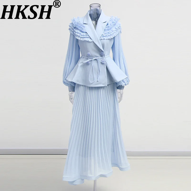 

HKSH Autumn New Women Two-Piece Set Lantern Sleeved Ruffles Patchwork Waist Cinching Elegant Blazer Pleated Stylish Skirt HK8969