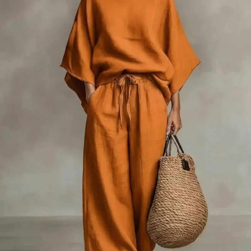 

2026 Sexy Lace Batwing Top Drawstring Wide Leg Pants Casual Summer Outfit Retro Bat sleeve loose drawstring wide leg pants Suit