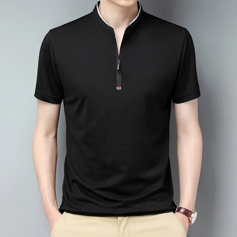 2023 Summer New Breathable High Quality men\'s Zipper Polo Shirt High-end Business Casual Stand Collar Short Sleeve T-shirt