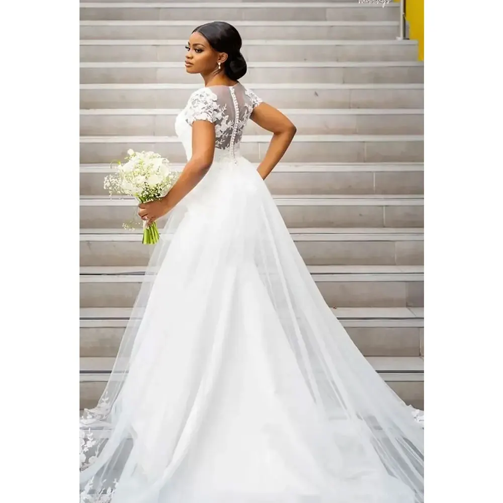 Sexy V-neck Wedding Dresses Women Elegant 2024 Short Sleeve Vestidos De Novia Floral Lace Back Button Bridal Gowns Sweep Train