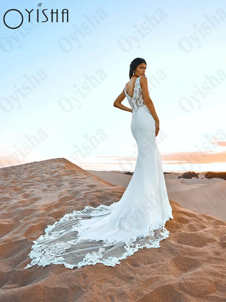 Oyisha Fashion Spaghetti Straps Wedding Dress Open Back Appliques Bridal Gowns V-Neck Satin Mermaid Vestido De Novia Custom Made