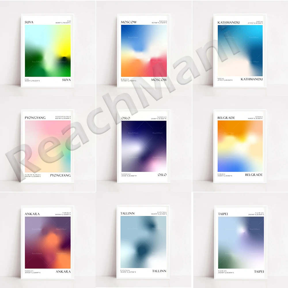 أوسلو النرويج، تركيا، إستونيا، أيرلندا، موسكو، نيبال، كوريا الشمالية بيونغيانغ، الدنمارك، تايوان، صربيا ملصق السفر التدرج