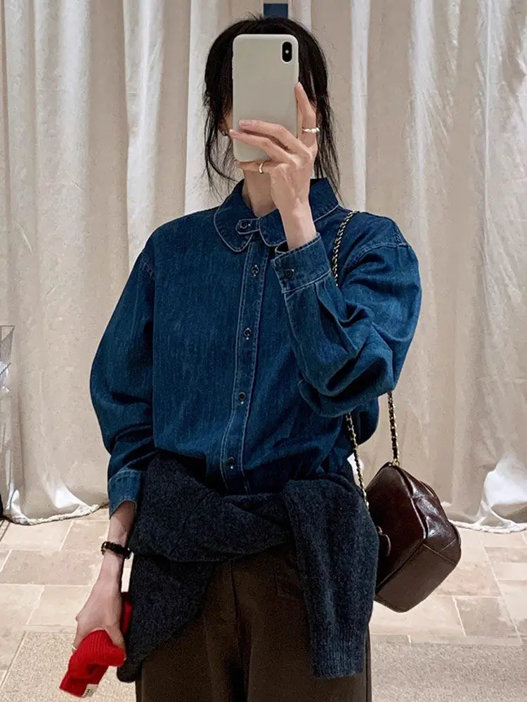 

Корейская джинсовая рубашка в стиле ретро Hong Kong Sle для женщин, с длинными рукавами, многослойная, премиум-класса, модная весенняя одежда