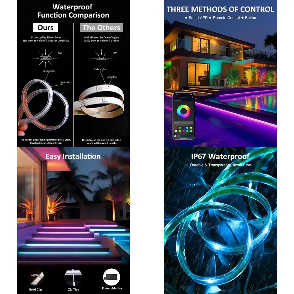 

Диммируемые уличные водонепроницаемые светодиодные RGB-ленты на 480 светодиодов с управлением через приложение и пультом ДУ, функцией синхронизации с музыкой для садов, бассейнов и террас