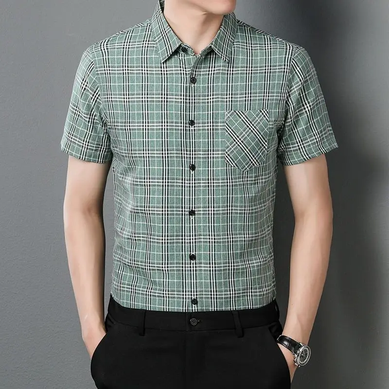 Men's Summer Short Sleeve Plaid Shirt Slim Fit Casual Button Down Shirts with Pocket Premium Non Iron Wrinkle Free