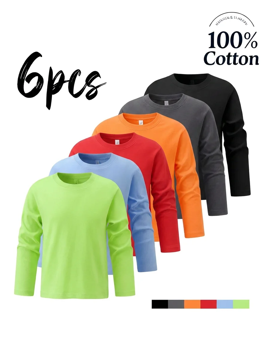 6-Pack Big Kids Pure Cotton Long Sleeve Tees, Solid Basic Crew Neck Shirts, Soft & Washable, Multi Colors Available