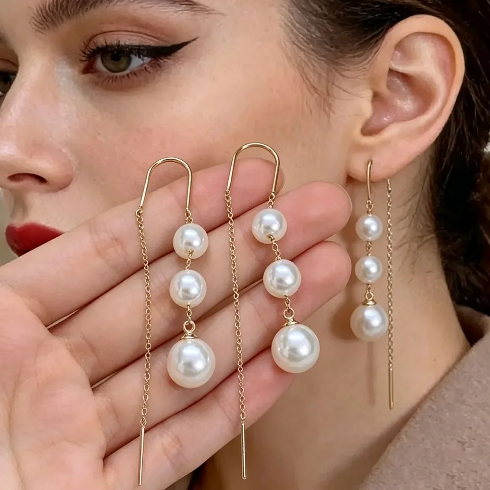 Elegant Faux Pearl Threader Earrings Gold Alloy Linear Drop Dangle Earrings Minimalist Women Jewelry for Daily Party Wear