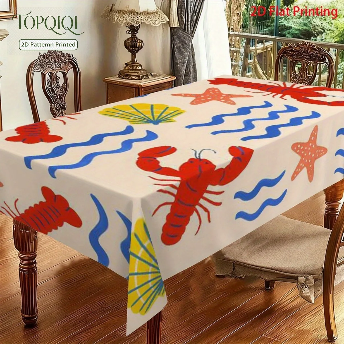 1pc 2D Plane Printing Fashion Flat Tablecloth Soft And Beautiful Ocean Theme Pattern Red Blue Yellow Color Wave And Seafood Elem