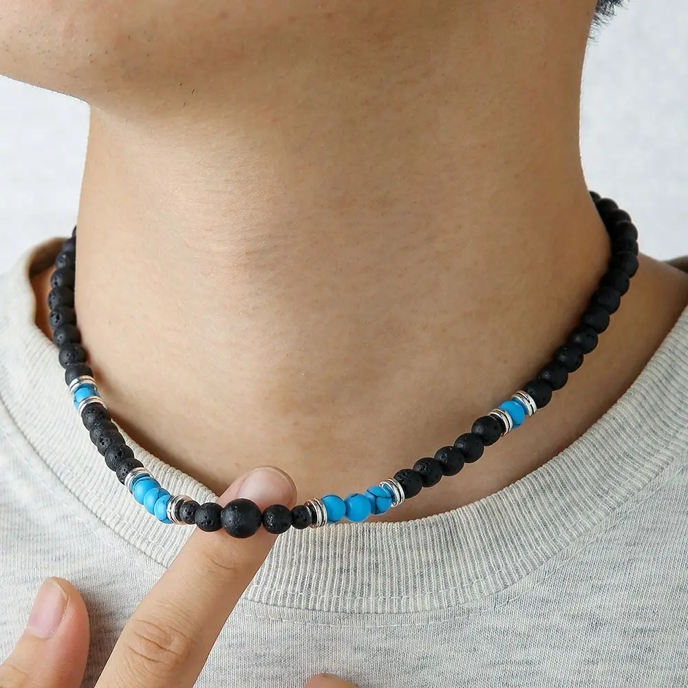 Ethnic Style Turquoise Necklace Men Texture Black Beads Beaded Necklace Accessory Adjustable Western Country Necklace Men