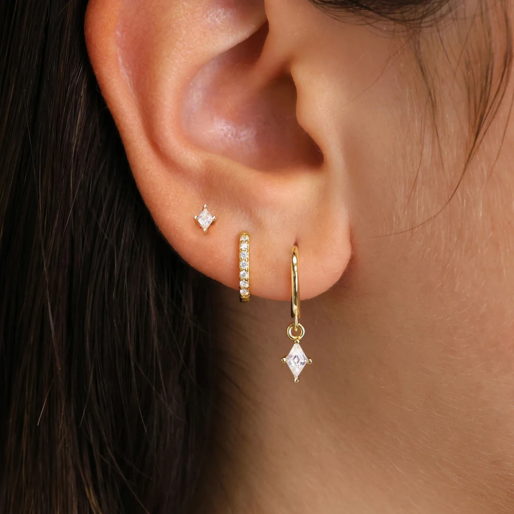 3-teiliges stilvolles Stern-Creolen-Set mit kubischen Zirkonen für Frauen, winziger, einzigartiger Raute-Ohrstecker-Ohrring, Knorpel-Piercing-Schmuck