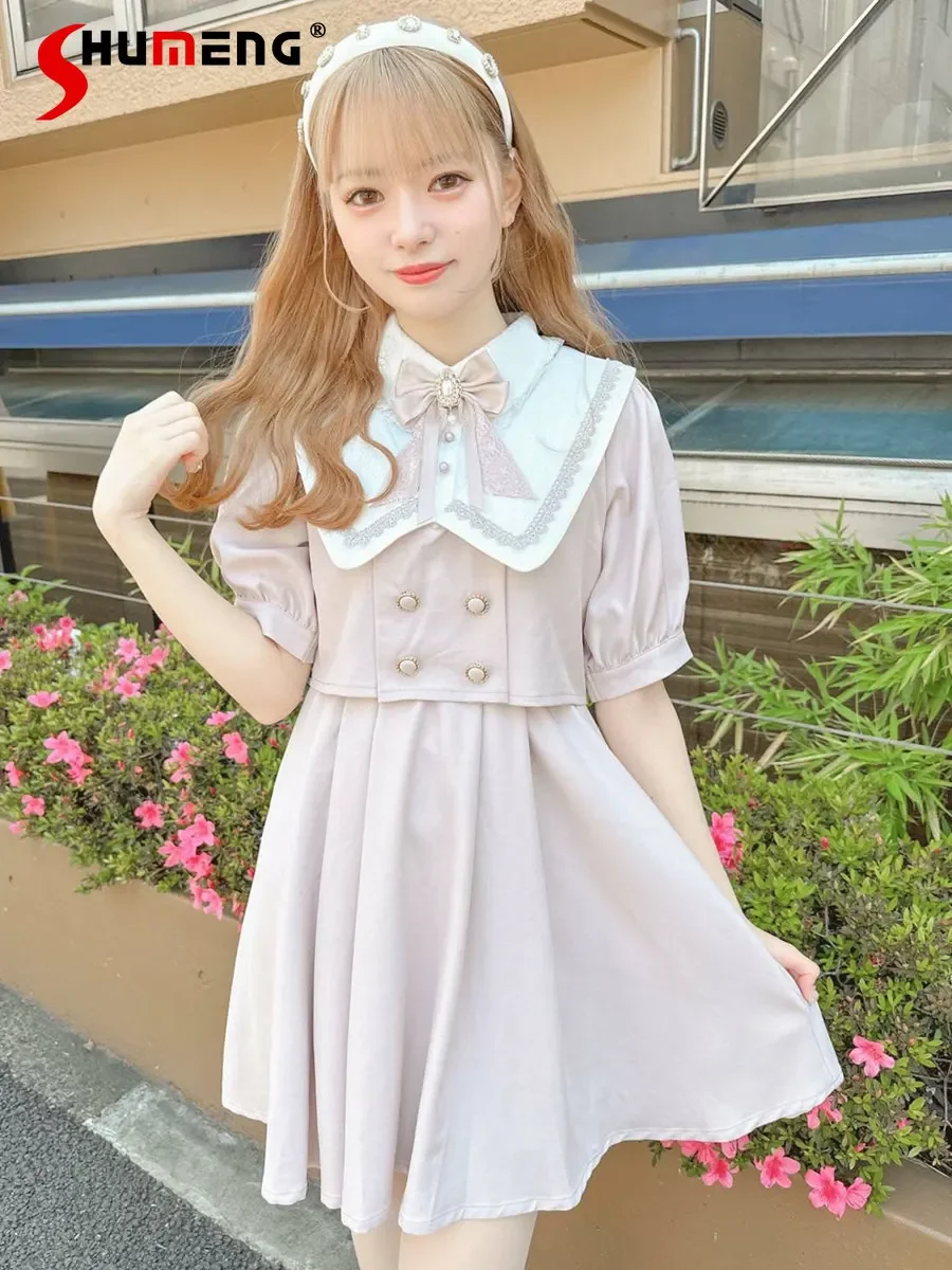 

Japanese Lolita Girl Sailor Collar Bow Short Sleeve Double Breasted High Waist A-line Rojita Pleated Mini Dress Women Summer