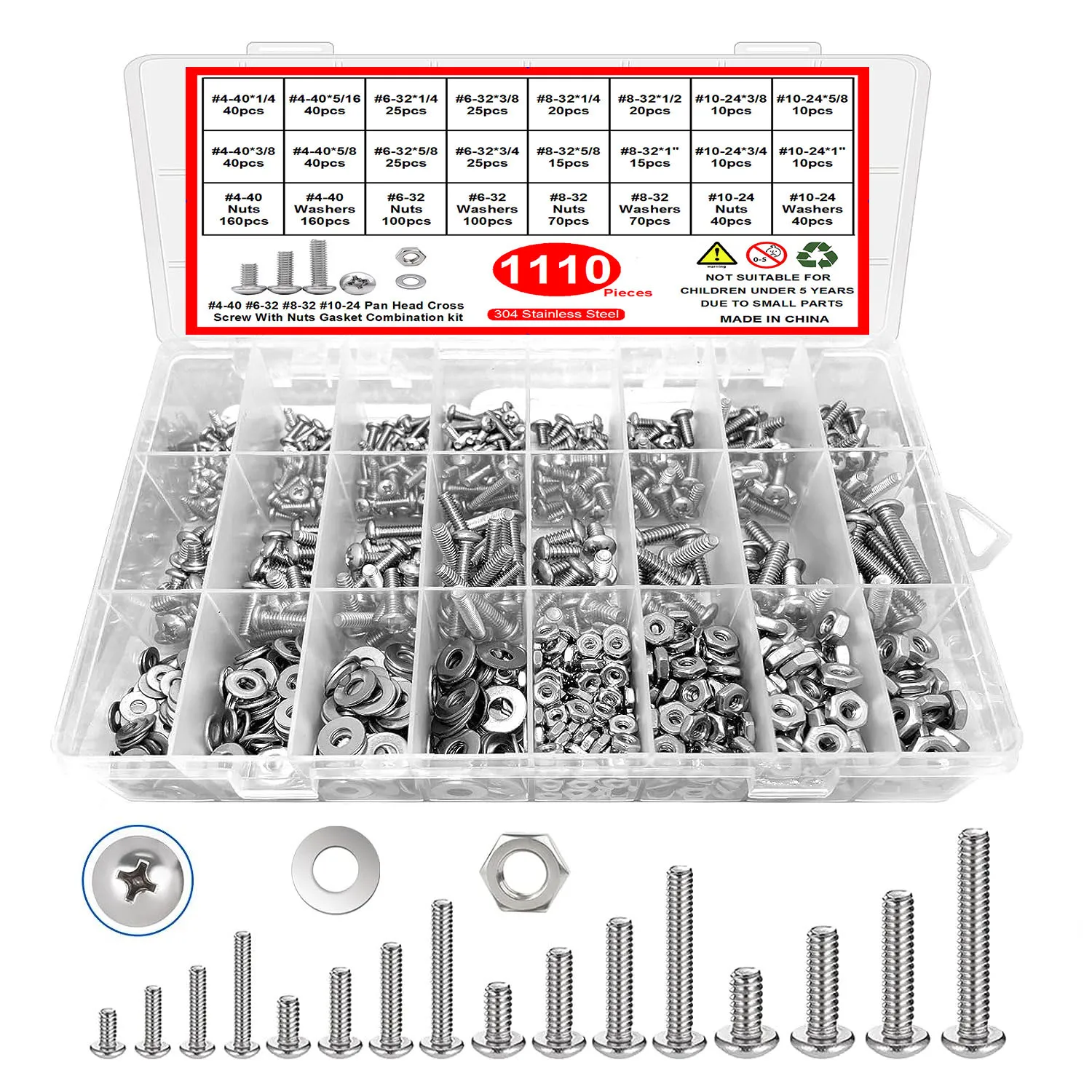 

1110pcs Nuts and Bolts Assortment Kit Stainless Steel 304 Hardware with Assorted Screw Nut Bolt and Washer #4-40#6-32#8-32#10-24