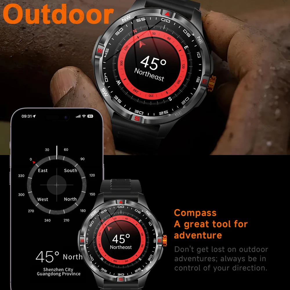 1000mAh Battery Smart Watch Men Compass IP68 Waterproof Bluetooth Call 1.46 INCH HD Screen Heart Rate Sports 2025 New Smartwatch