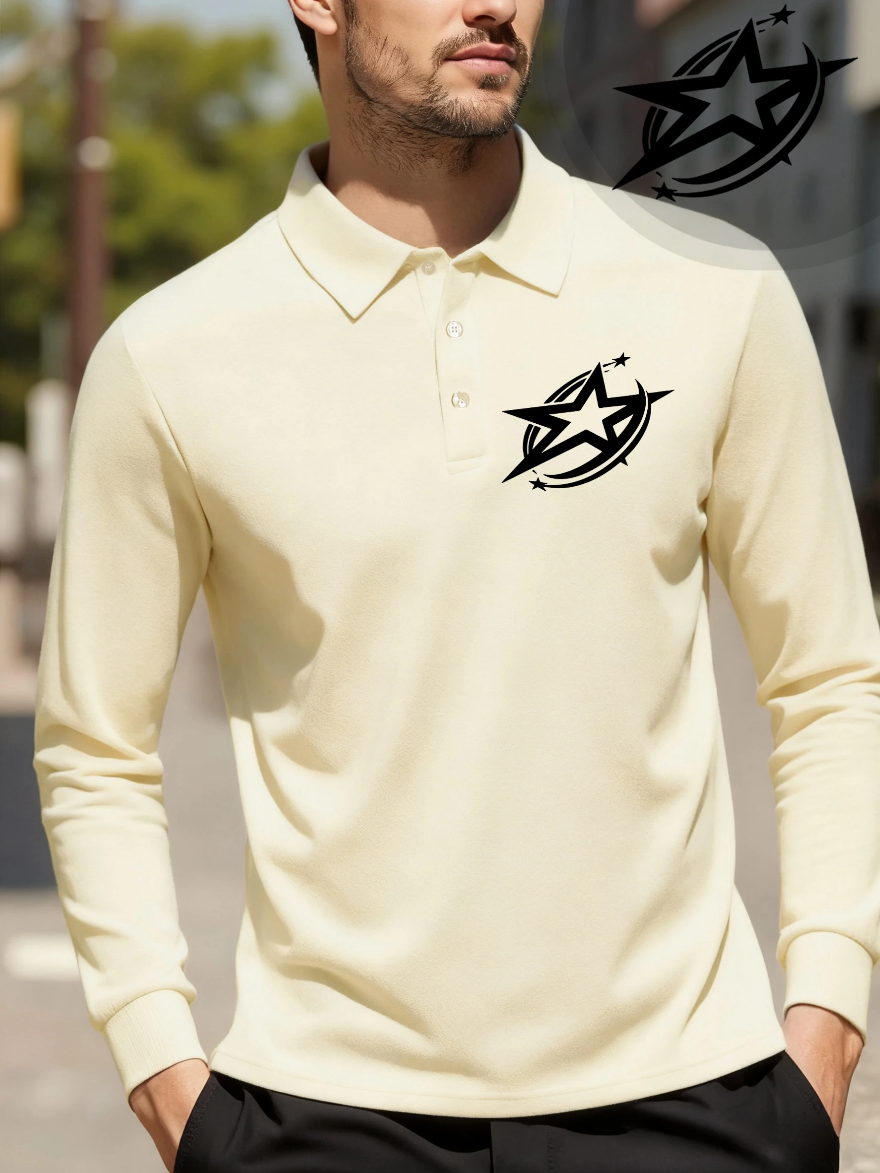 

Artistic Pattern With Stars Pattern Men Polo Shirt Spring Loose Short Sleeve Culture Button Clothing Hip Hop Casual Streetwear