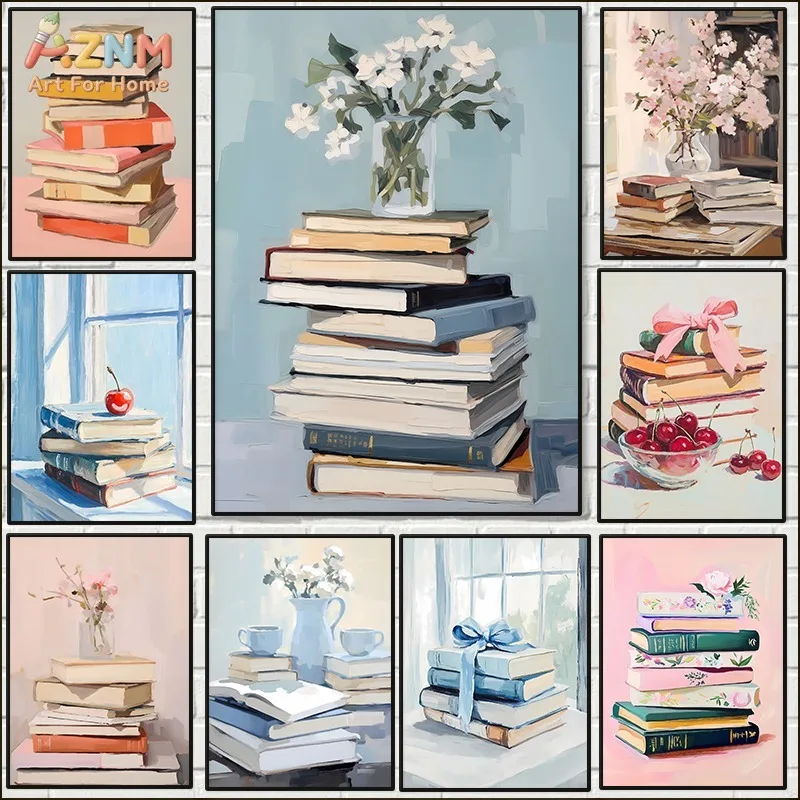 AZNM Vintage Book Stack Oil Painting Canvas Wall Art, Aesthetic Books with Flower Cherry Still Life Print Poster, Retro Reading