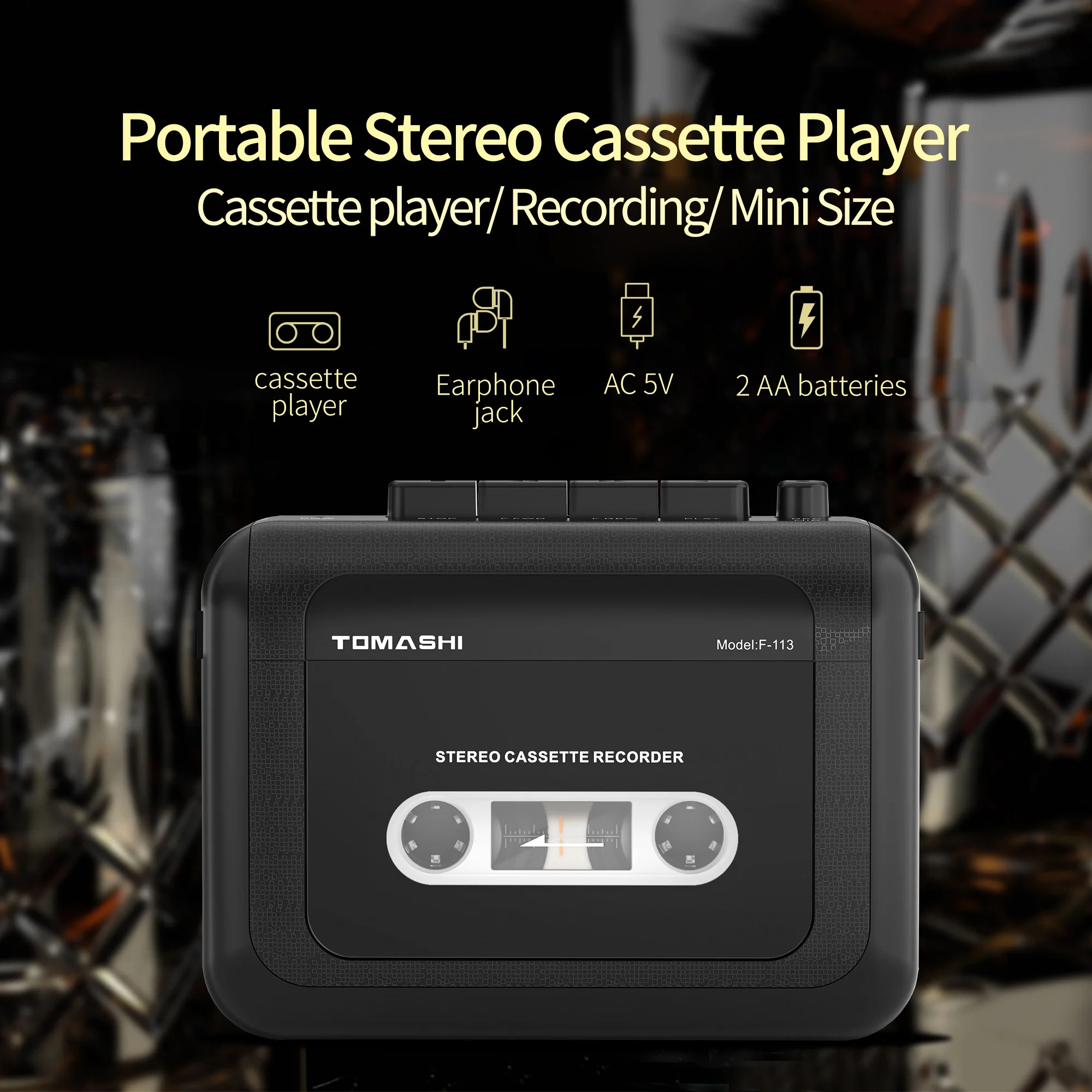 TOMASHI ポータブル ステレオ カセット プレーヤー テープ レコーダー ウォークマン マイク付き、ヘッドフォン ジャック、カセット プレーヤー