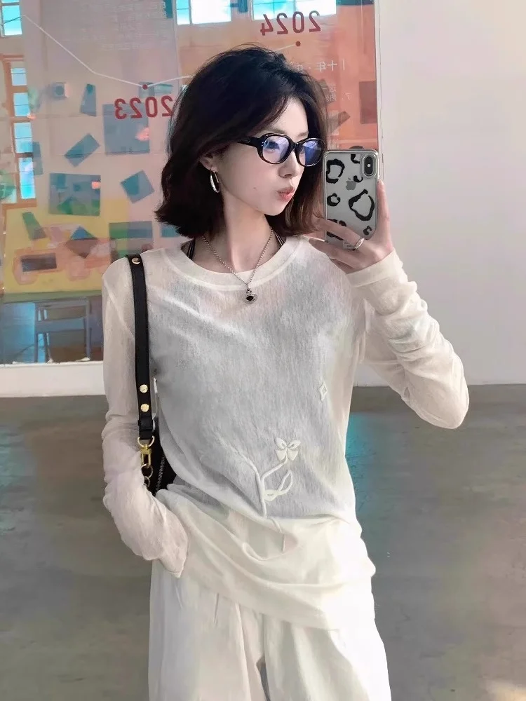 

Тонкая длинная женская футболка-накидка в корейском стиле для лета, белая, с 3D цветочным дизайном, дышащая, из шелка