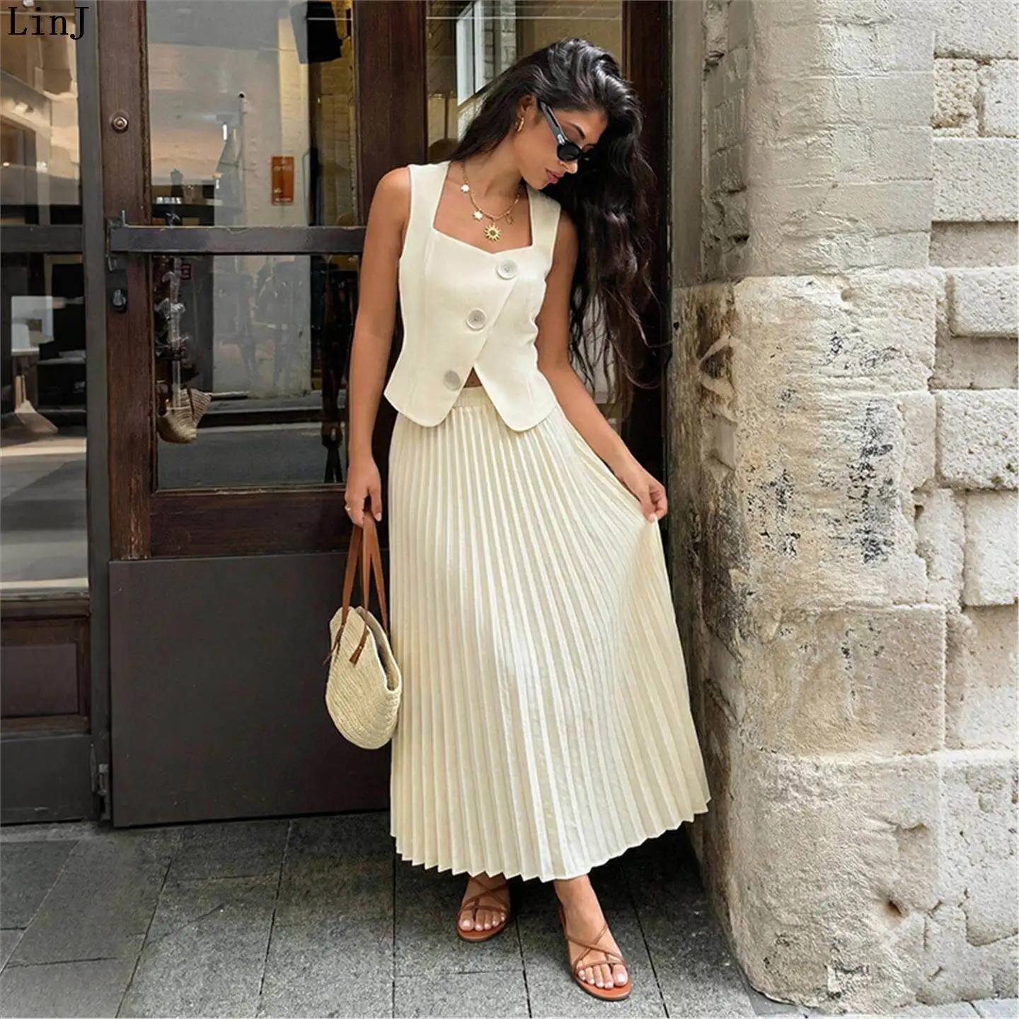 

Fashionable Pure Color Sleeveless Dress Set for Women Summer New Style LinJ Spicy Girl Sweet Versatile Three-piece Suit