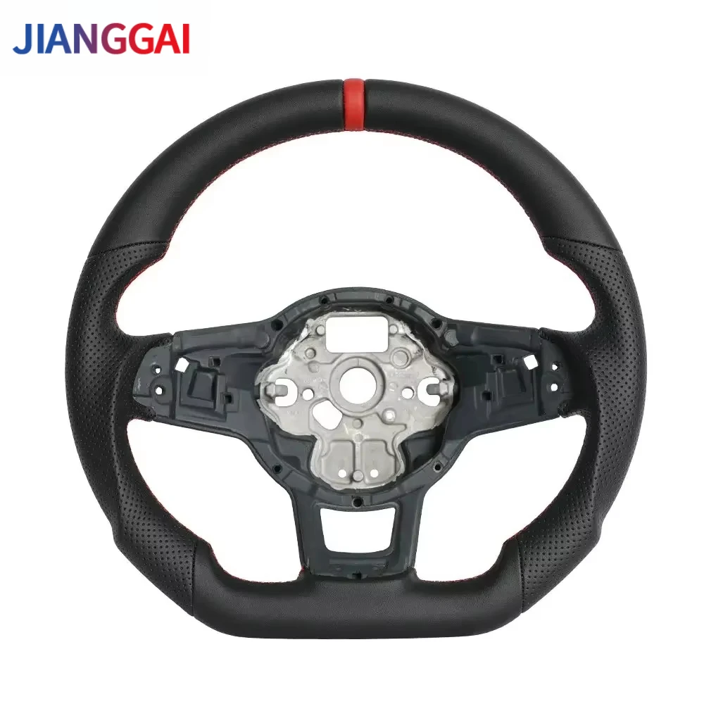Full Leather Round Top Flat Bottom Steering Wheel Red Stitching Position Line Fit For Volkswagen VW Golf 7 MK7 GTI 2015-2017 With Paddle Shifter Holes