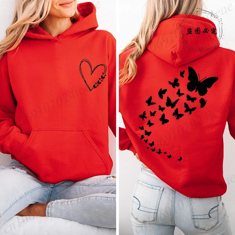 

Толстовка с капюшоном и дизайном «Бабочки» для женщин, флисовая, с круглым вырезом, уличная осенняя одежда, мягкий спортивный пуловер
