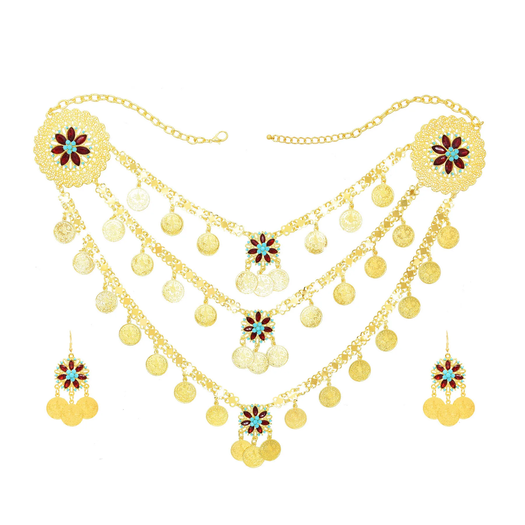 3-Layer Golden Coins Tassel Heart Hollow Crystal Flower Pendant Necklace Earrings for Arab Indian Bridal Wedding Jewelry Set