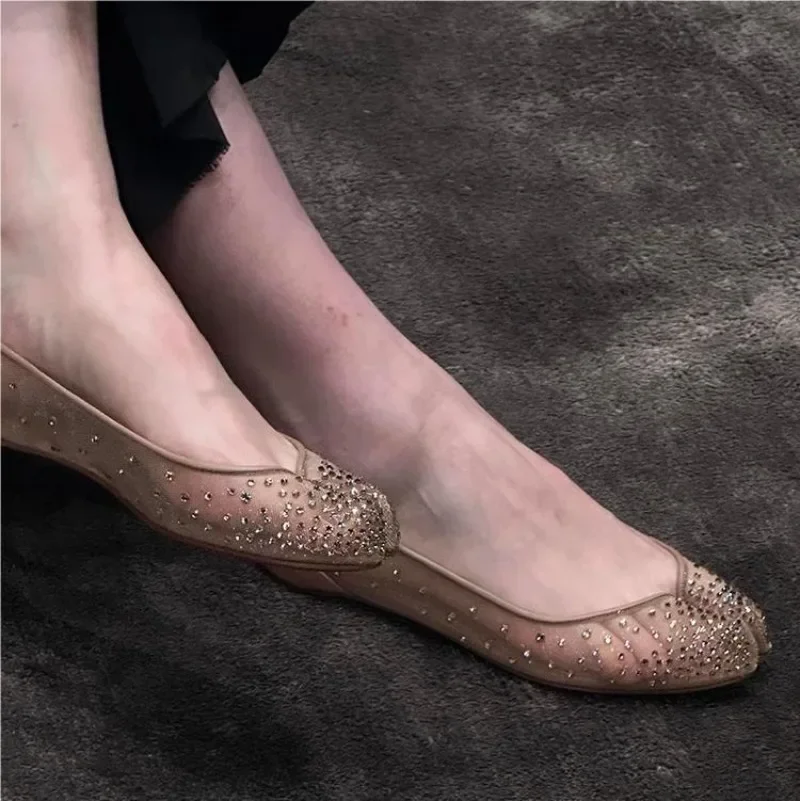 

Rhinestone New Mesh Breathable Split Toe Women's Shoes Pointed Toe Slip Shallow Mouth Soft Sole Flat Single Shoes
