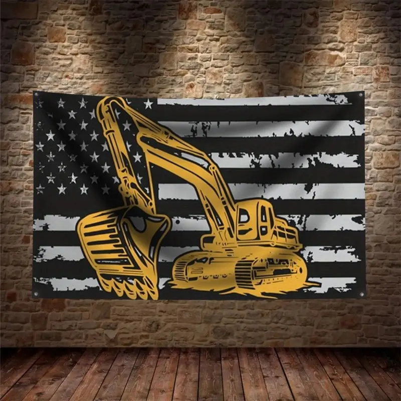 Patriotic American Flag Wall Banner Construction Excavator Art Decor Man Cave Flag With 4 rings Stylish Home Gift for Trucker Da