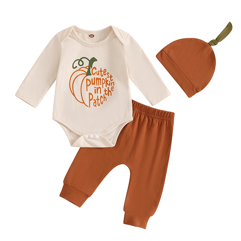 

Newborn Baby Boy Halloween Outfit Cutest Pumpkin In The Patch Romper Long Pants Hat 3Pcs Fall Outfit 0-18M