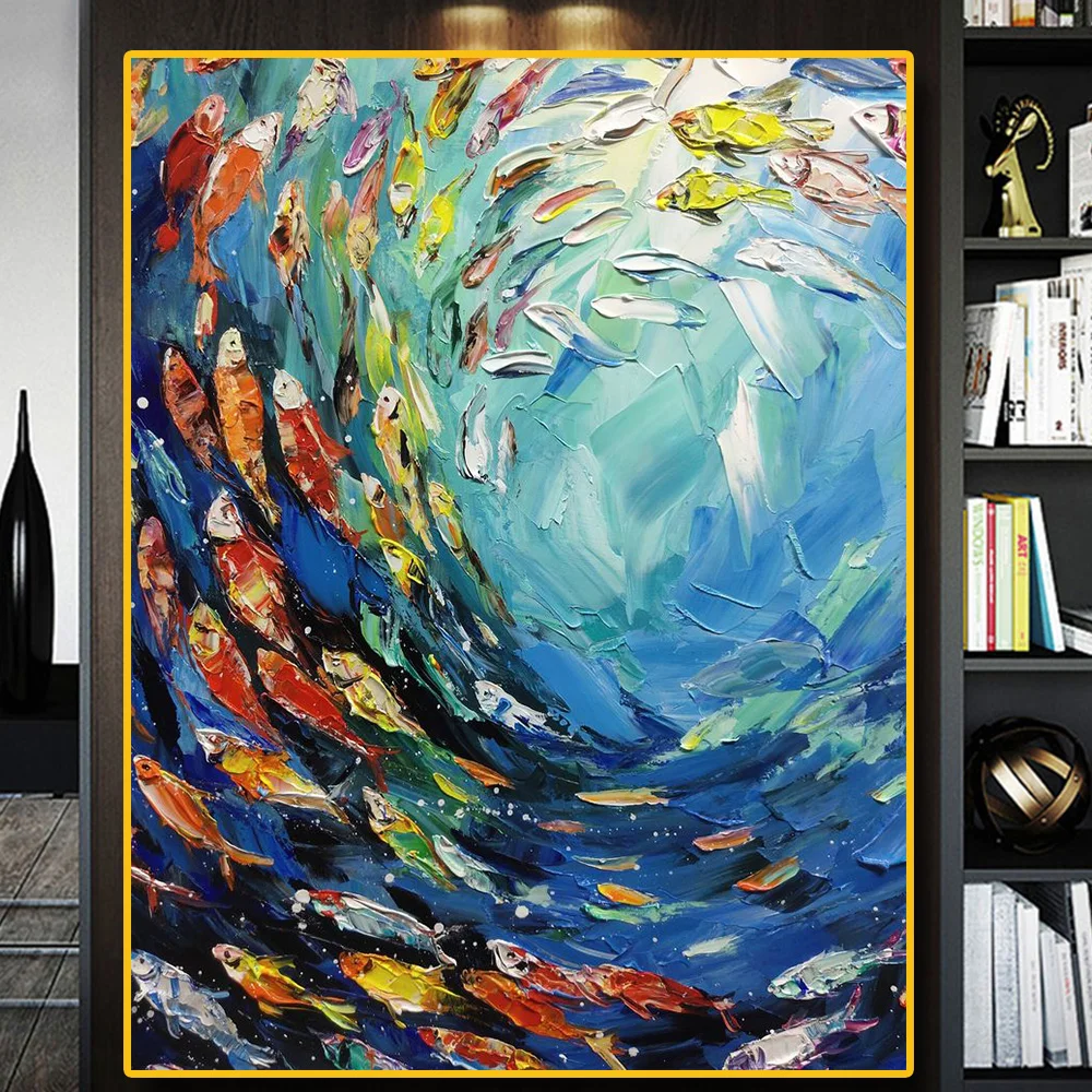 1 pièce (sans cadre) Impression sur toile abstraite de poissons, monde océanique bleu, affiche de poissons tropicaux multicolores, toile moderne de banc de poissons marins