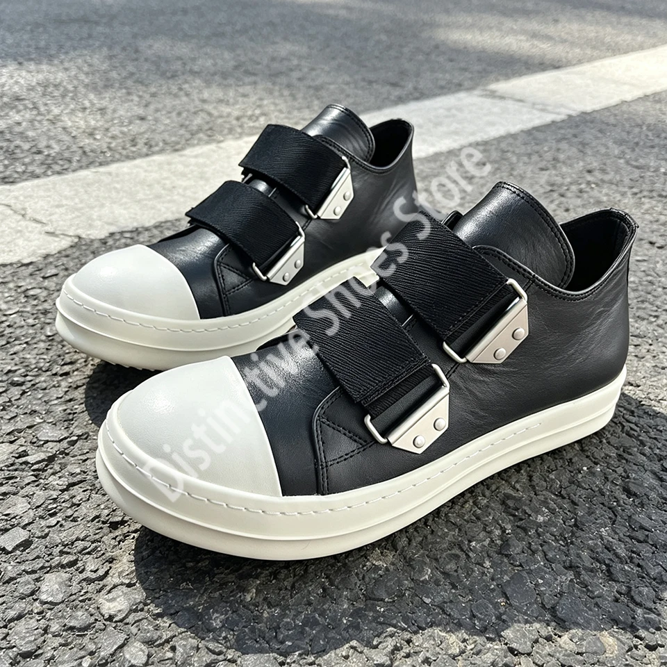

New Arrival Mens Cow Leather Platform Casual Shoes Double Metal Buckle Strap Slip On Sneakers Black White Outdoor Walking Shoes