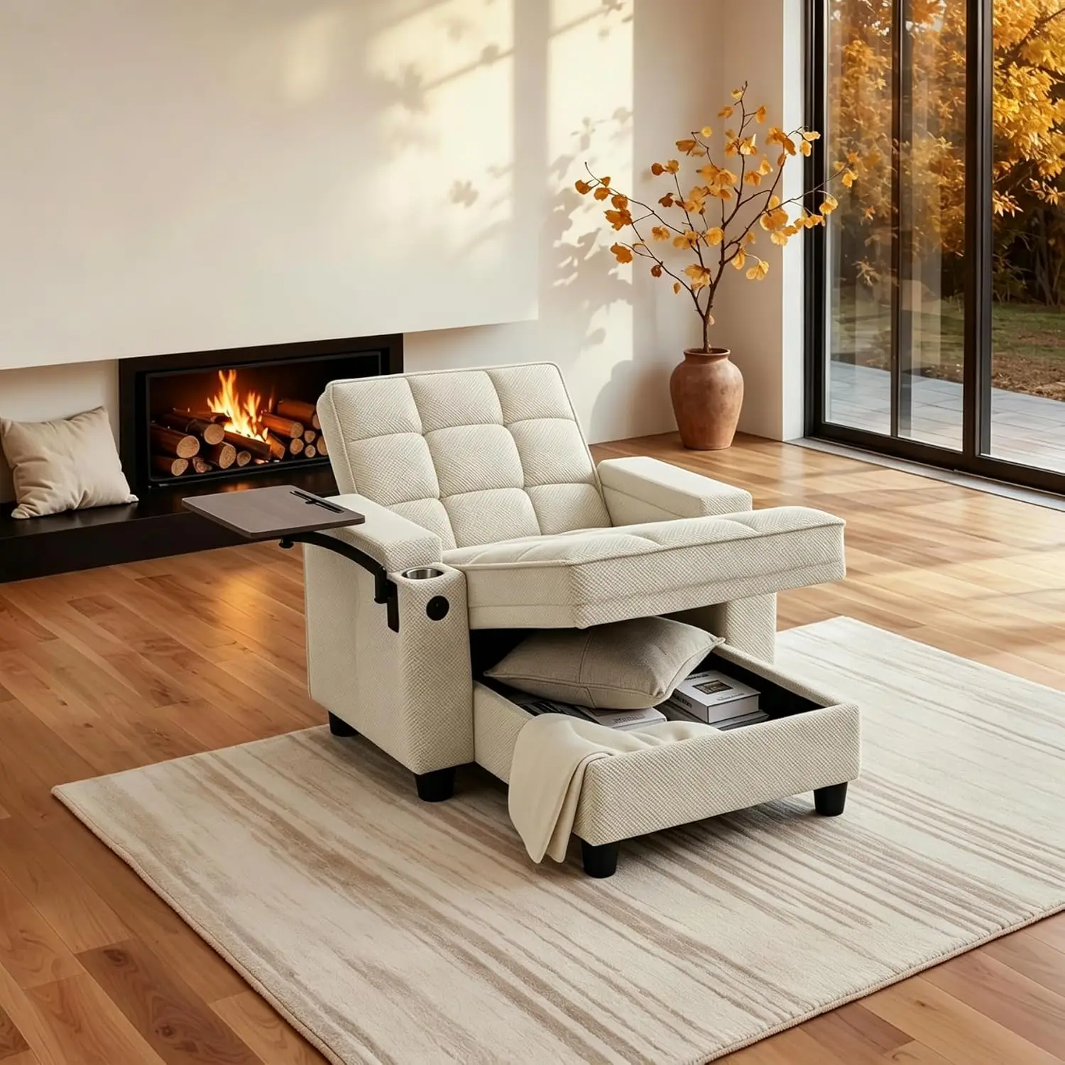6-Position Adjustable Convertible Chaise Lounge Sleeper Chair with Storage, Modern Recliner Armchair with Swivel Tray Table & US