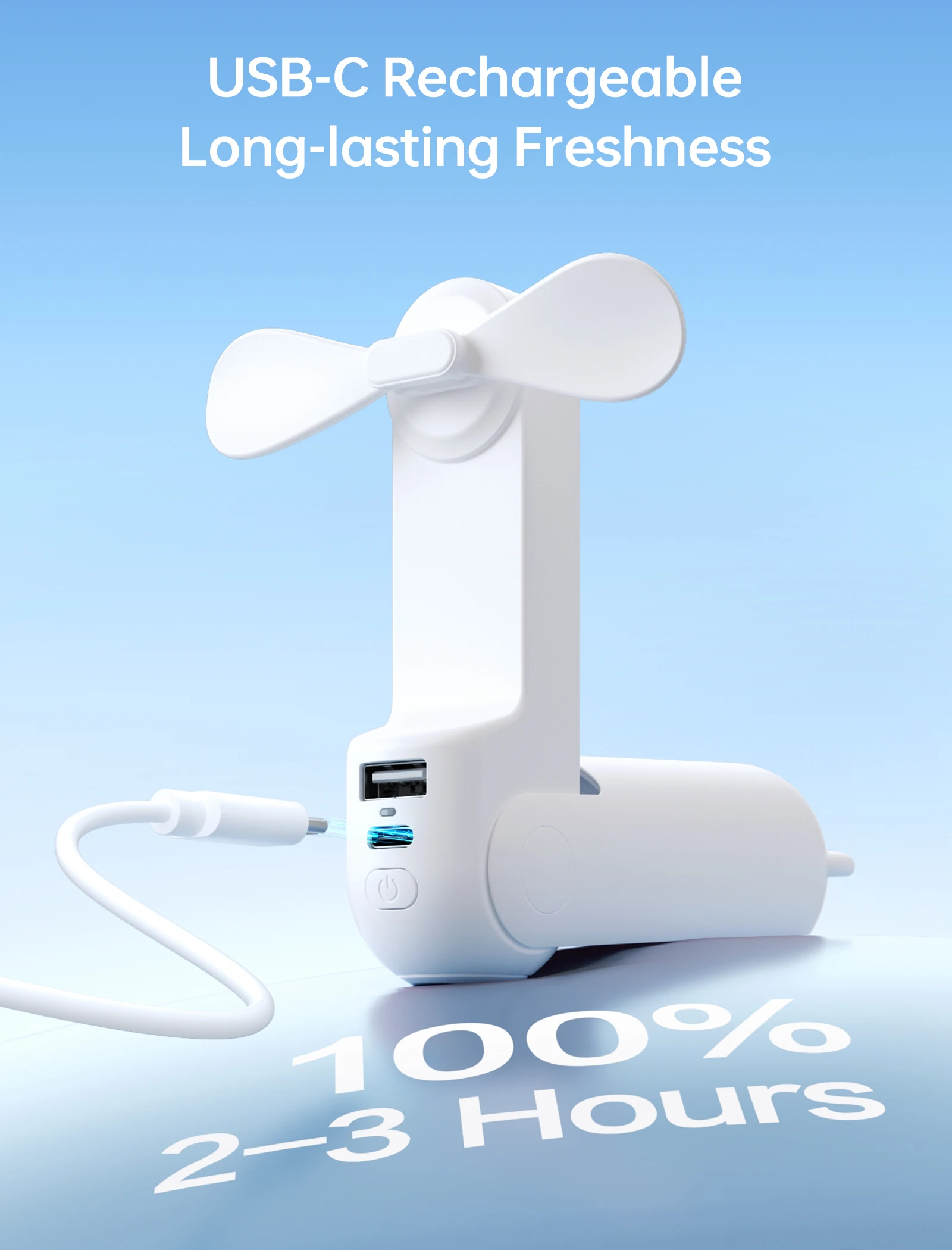 JISULIFE مروحة محمولة صغيرة محمولة باليد USB 4500mAh إعادة شحن باليد مروحة جيب صغيرة 3 في 1 مع ميزة مصباح يدوي لبنك الطاقة