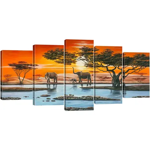 Elephant Family Diamond Painting Kit Animal Painting 5 Pcs Living Room Bedroom Home Decoration Modern 5 Panel African Landscape