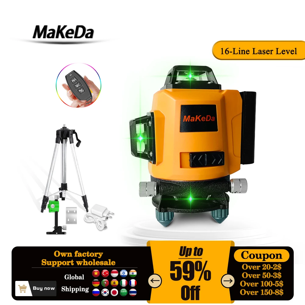 

MaKeDa 12/16 Lines Laser Level 3D/4D Self-Leveling Green Beam 360 Horizontal and Vertical Cross with Swivel Tripod Nivel Láser