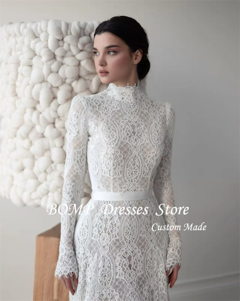BOMP High Neck Long Sleeves Full Lace Wedding Dresses Modest Sweep Train Bridal Gowns Formal Dubai Arabic Women Customized