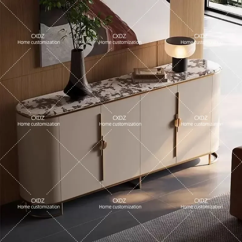 Luxury Solid Wood Entrance Cabinet with Stone Decoration Dining Sideboard for Living Room Front Door Home Storage Furniture