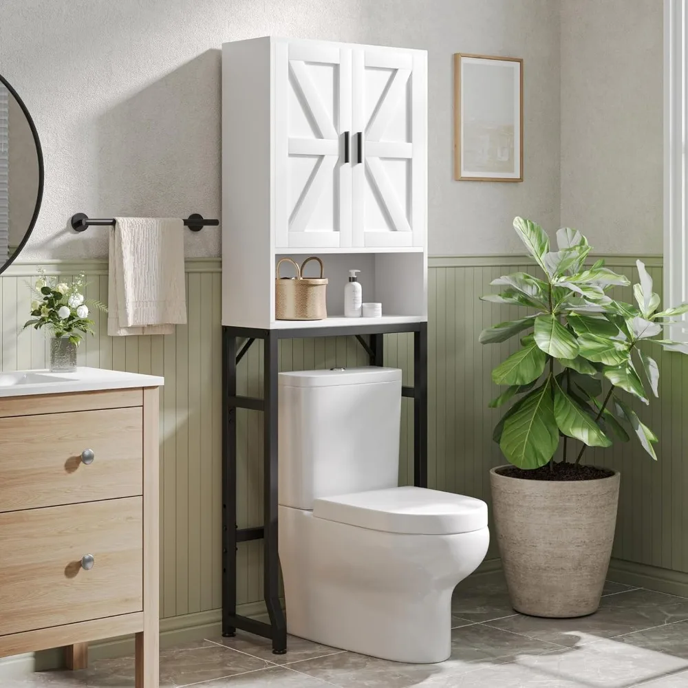 

Over The Toilet Storage Cabinet, Bathroom Organizers and Storage with Barn Doors, Thicken Metal Stand & MDF Wood Above Toilet S
