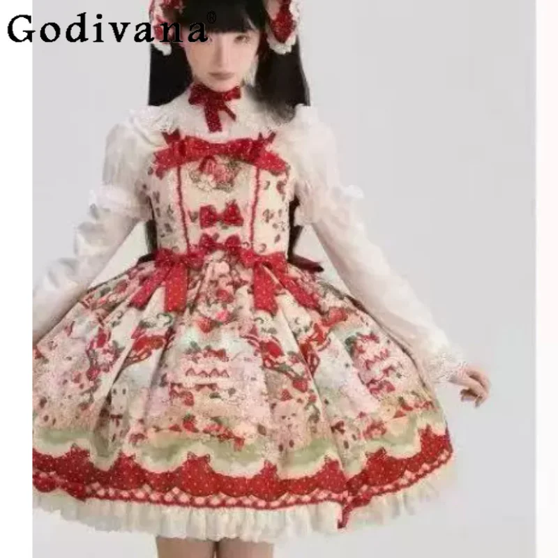 Temperament Red Strawberry Print Lolita Slash Neck Suspender Princess Dress Fashion Versatile Age Reduction Cake Party Dresses