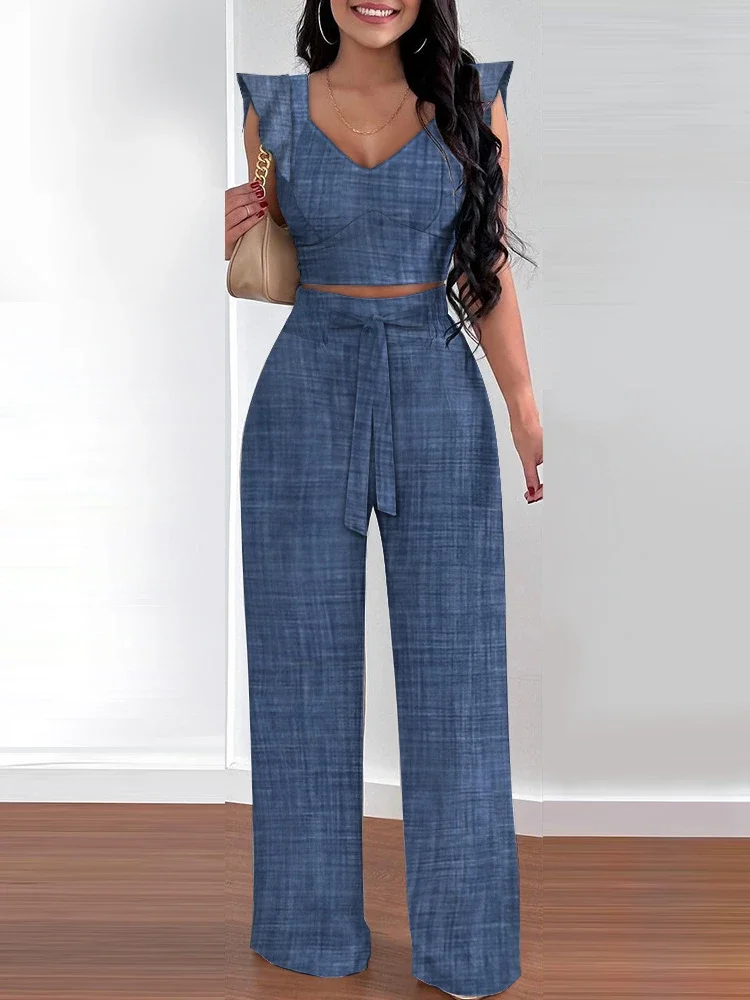 Summer Casual Clothes Women Elegance 2 Pieces Sets Suits Solid Ruffle Hem Shirred Crop Top & High Waist Pants Set Black Blue