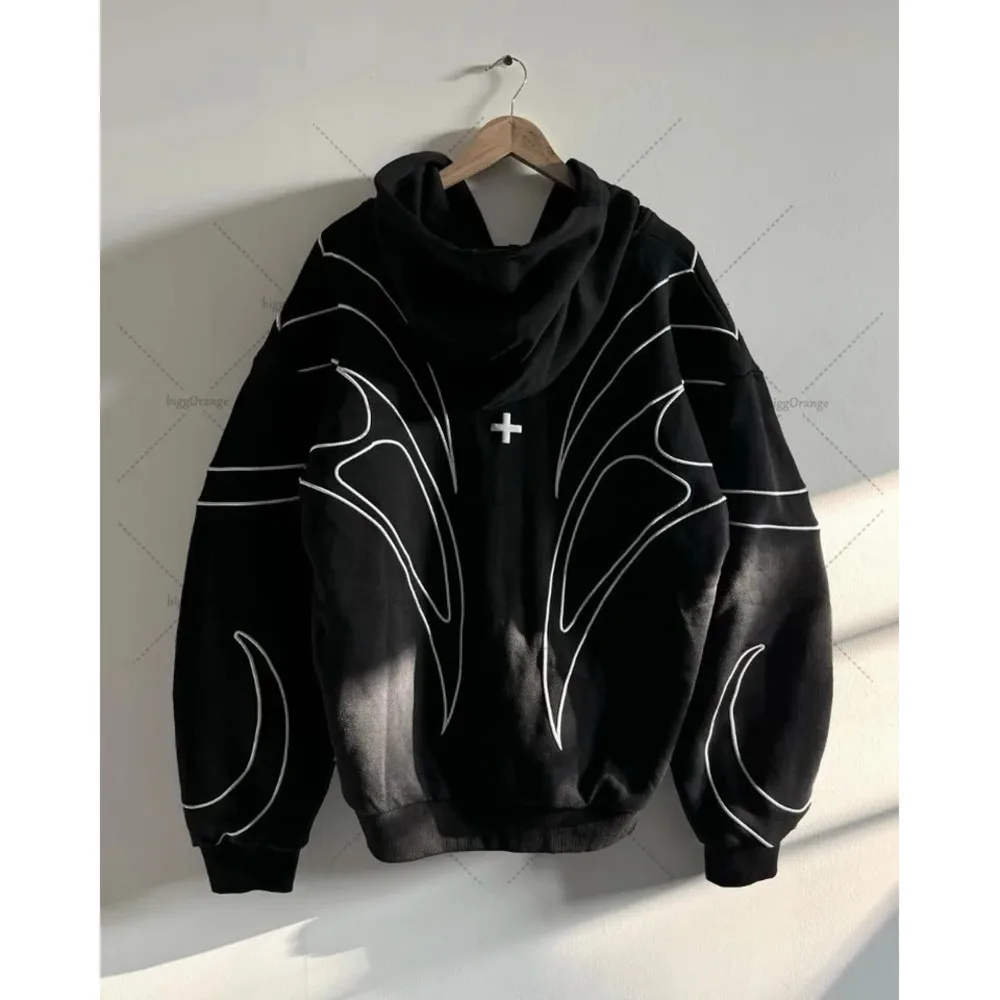 

Street Retro Fashion Clothing Striped Embroidered Black Double Zipper Hoodie American Hip-Hop Punk Oversized Sweatshirt Men