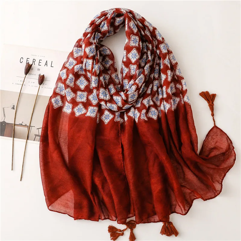 Autumn Fashion Lovely Cashew Floral Tassel Viscose Shawl Scarf Lady High Quality Soft Wrap Pashmina Stole Muslim Hijab 180*90Cm