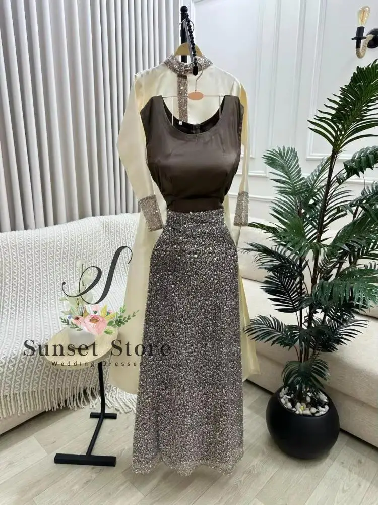 Customized  Evening Dress with Coat Scoop Neck Sleeve Wedding Guest Outfit Sequin Detail 2 Pieces Arabic شارون سعيد