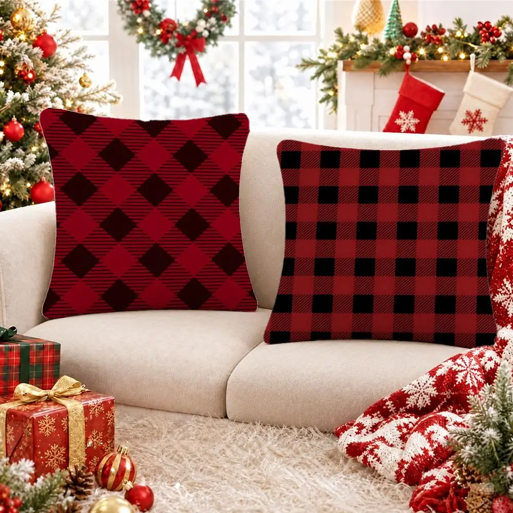Pattern Red Black Buffalo Plaid Cushion Cover Short Plush Pillowcase, Sofa Bedroom Home Decor & Holiday Gift