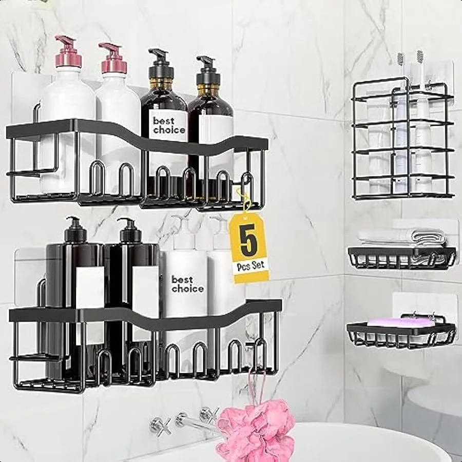 

Shower Caddy Set of 5 2 Large Stainless Steel Shower Racks with 20 Hooks 2 Soap Holders and 1 Toothbrush Holder No Drilling Wal