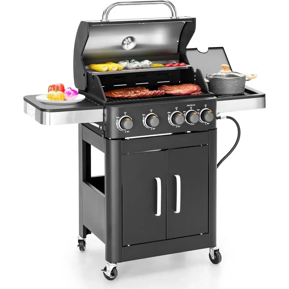 BBQ Grill with Side Burner & Porcelain-Enameled Cast Iron Grate, 4-Burner Flat Top, Easy Cleanup and Maintenance, Barbecue Grill