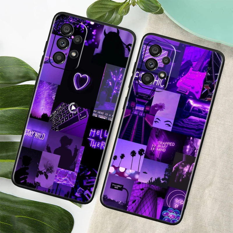 Purple Colour Neon Light Black Phone Case For Samsung A73 A72 A71 A54 A53 A13 A52 A51 A33 A32 A23 A21S A04 A03 5G